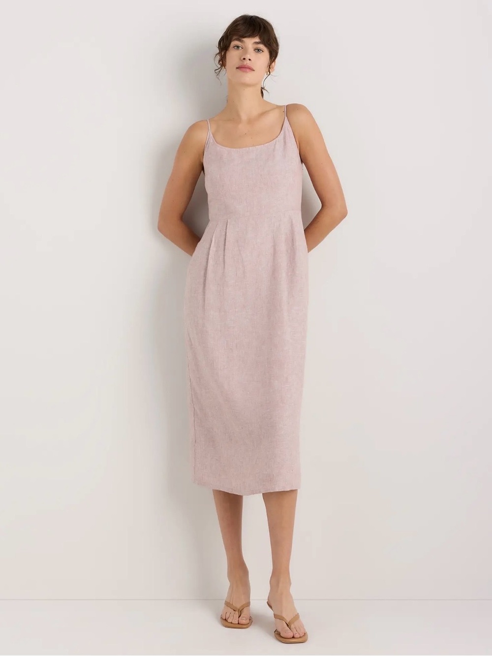 New! QUINCE • 100% European Linen Scoop Neck Midi Dress in Vintage Pink Chambray